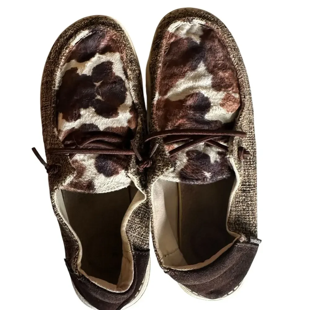 Hey Dude Wendy Shoes Womens Size 9 Cow Print Lace Up Brown Cream Comfy Flats